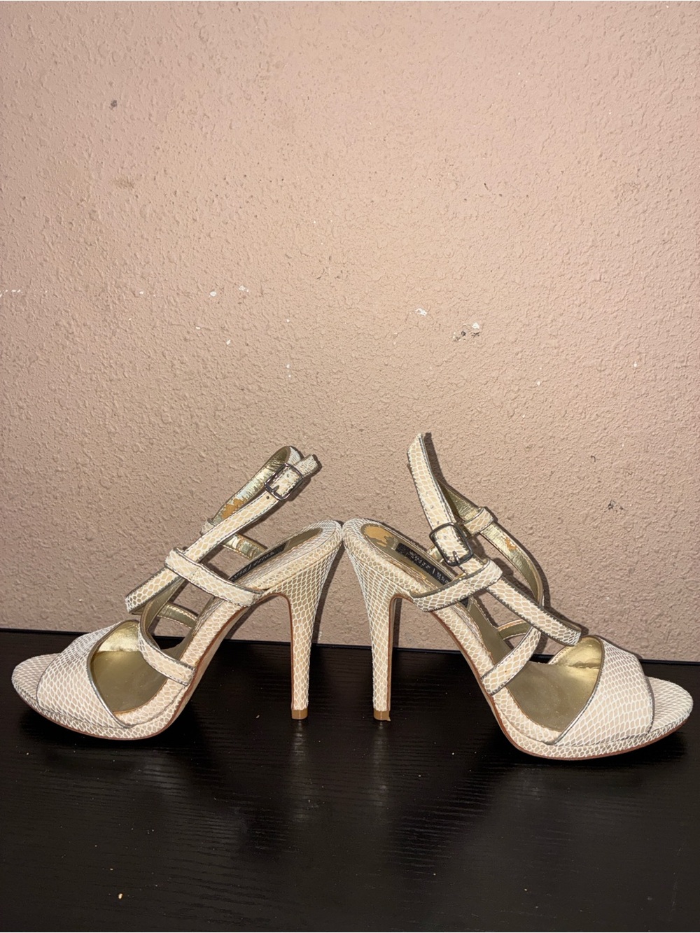 White House Black Market Neutral Textured Strap Heels - Picture 4 of 7